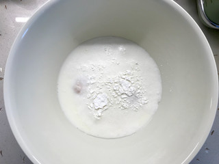 Raw Pancake Dough Flour in Plastic Bowl.
