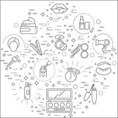 Simple Set of beauty and cosmetic Related Vector Line Illustration. Contains such Icons as make up, lipstick, powder and more. Modern style line drawing and background color white.