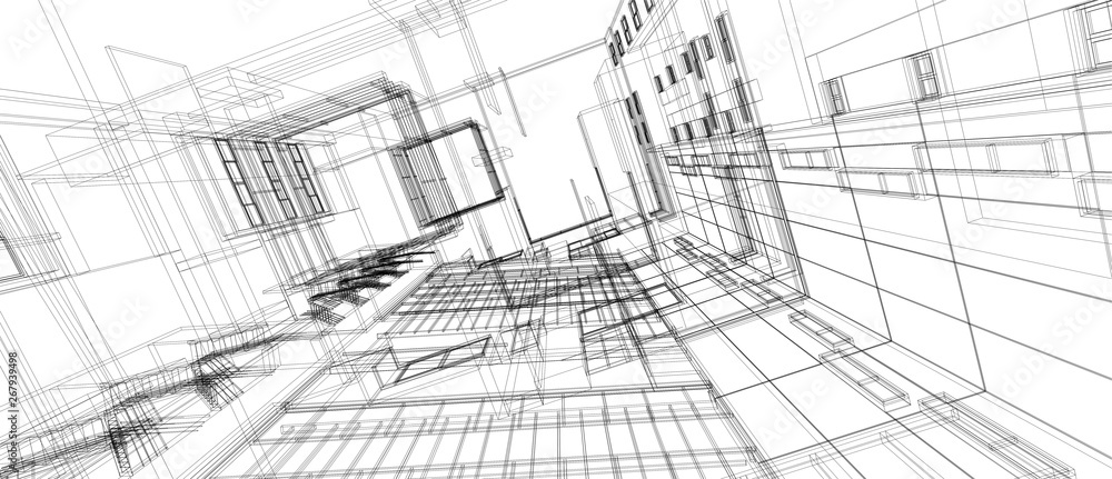 Aufkleber architecture building space design concept 3d perspective wire frame rendering isolated white backgr