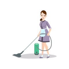 Cleaning woman use vacuum cleaner to wash kitchen floor