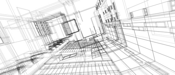 Architecture building space design concept 3d perspective wire frame rendering isolated white background. For abstract background or wallpaper desktops computer technology design architectural theme. © Parichart