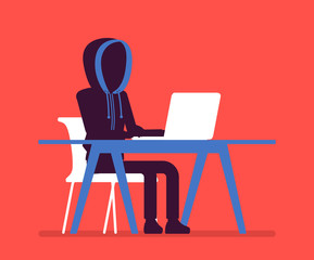 Fototapeta premium Anonymous man with hidden face at laptop. Hacker dark abstract body, covered with hood, online person not identified by name, unknown faceless user, incognito with evil intentions. Vector illustration