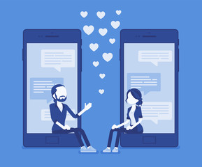 Dating mobile application chat. Pair talking on smartphone screen, man and woman together, meet life partner via social network service, heart love symbols. Vector illustration, faceless characters
