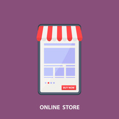 Phone store.Vector flat design shopping concept,buying online and e-commerce poster,online shop