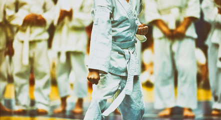 Fototapeta premium Concept karate, martial arts. Concept of leadership, victory, martial arts. The fighter performs exercises in front of a group of fighters.