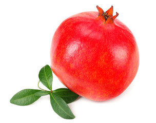 Fototapeta na wymiar one pomegranate fruit with green leaves isolated on white background