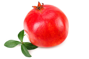 one pomegranate fruit with green leaves isolated on white background