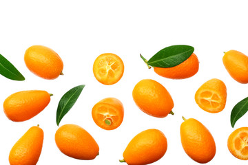 Cumquat or kumquat with leaves isolated on white background. top view
