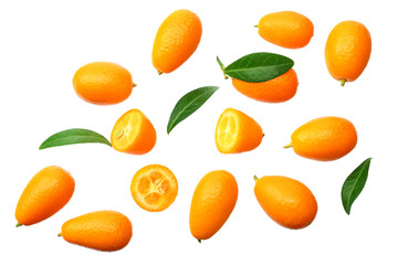 Cumquat or kumquat with leaves isolated on white background. top view