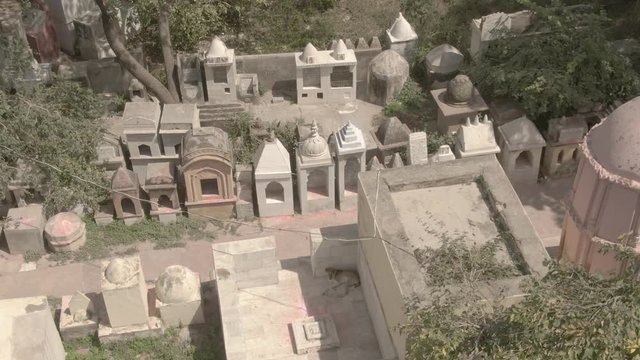 Gaudiya Acarya samadhis, Vrindavan, India 4k aerial ungraded
