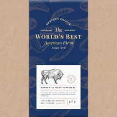 Worlds Best Bisonf Abstract Vector Craft Paper Vintage Cover Layout. Premium Meat Packaging Design Label. Hand Drawn Buffalo Bull, Steak, Sausage, Wings and Legs Sketch Pattern Background.