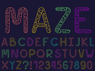 Set of vector line labyrinth font and alphabet. Universal maze style font for your design logo, poster, invitation or clothing.