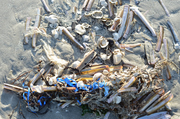 Plastic mess left on the beach or washed up.
