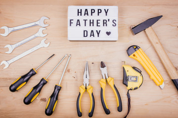 Repair tools - hammer, screwdrivers, adjustable wrenches, pliers. Male concept for father's day