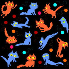 The kittens are playing with balls on a dark background, pattern