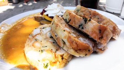 Carlsbad dumpling,vegetable creamy souce, sirloin (svickova