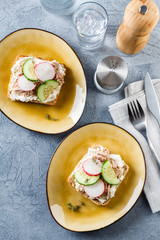 Delicious tuna sandwich, served with radish and cucumber