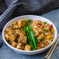 Tofu General Tao with Snow Pea and Fried Rice 