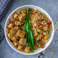 Tofu General Tao with Snow Pea and Fried Rice 