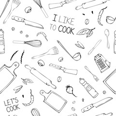 Hand drawn seamless pattern with Kitchen Utensils.Original doodle style drawing for actual design. Creative ink art work