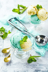 Ice cream with mint in ceramic bowl