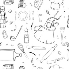 Hand drawn seamless pattern with Kitchen Utensils.Original doodle style drawing for actual design. Creative ink art work