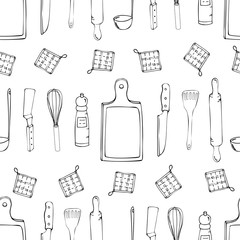Hand drawn seamless pattern with Kitchen Utensils.Original doodle style drawing for actual design. Creative ink art work