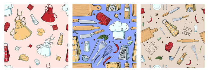 Set of hand drawn seamless pattern with Kitchen Utensils. Original doodle style drawing for actual design.