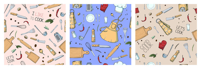 Set of hand drawn seamless pattern with Kitchen Utensils. Original doodle style drawing for actual design.