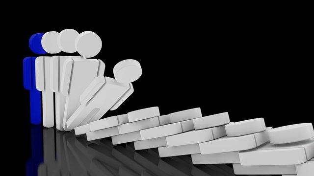 3D image of a series of human figures that fall one by one, Domino effect. The idea of addiction, crisis and health. 3D rendering on a black background.