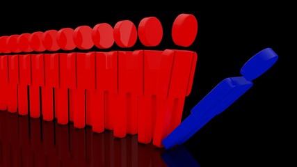 Fototapeta premium 3D image of a series of human figures that fall one by one, Domino effect. The idea of addiction, crisis and health. 3D rendering on a black background.