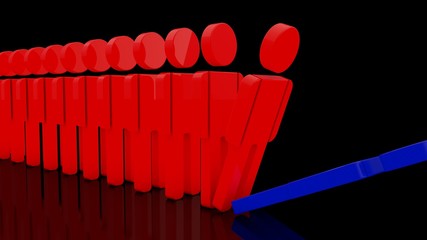 3D image of a series of human figures that fall one by one, Domino effect. The idea of addiction, crisis and health. 3D rendering on a black background.