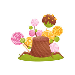 Brown striped stump among multicolored lollipops. Vector illustration on white background.