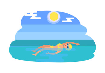 Backstroke technique swimmer woman stroke style isolated vector. Water sport of lady wearing bathing suit, professional sportswoman training in sea