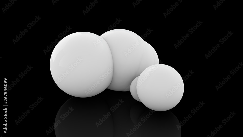 Poster 3d rendering of many scattered white balls on a black reflective surface. futuristic image of abstra