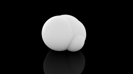 3D rendering of a white ball on a black background from which many white spheres are squeezed out. The idea of fission, chemical reaction, atomic decay. A beautiful illustration of the perfect spheres