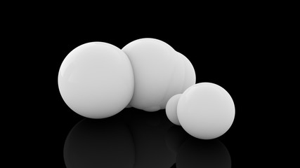3D rendering of many scattered white balls on a black reflective surface. Futuristic image of abstract geometric shapes.