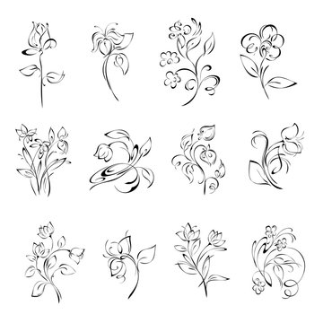 stylized flowers on stems with leaves in black lines on white background. SET