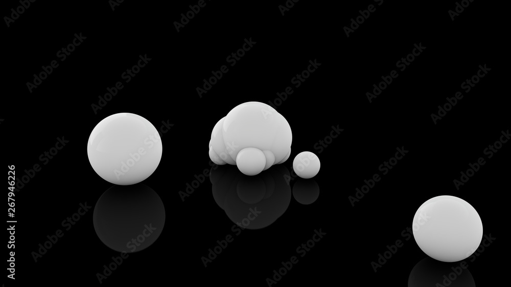 Poster 3d rendering of many scattered white balls on a black reflective surface. futuristic image of abstra