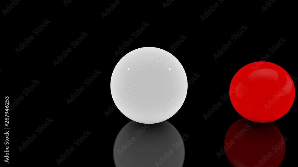 Poster 3d rendering of a multitude of scattered white balls on a black reflective surface and one red veta 