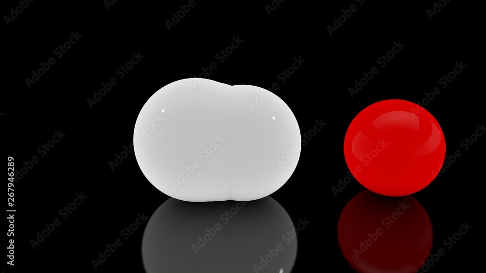 Poster 3d rendering of a multitude of scattered white balls on a black reflective surface and one red veta 