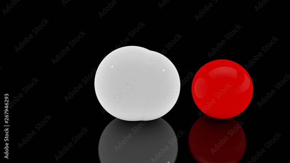 Poster 3d rendering of a multitude of scattered white balls on a black reflective surface and one red veta 