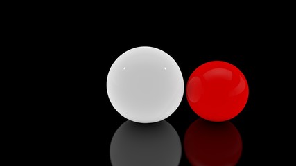 3D rendering of a multitude of scattered white balls on a black reflective surface and one red Veta sphere. Futuristic image of abstract geometric shapes.
