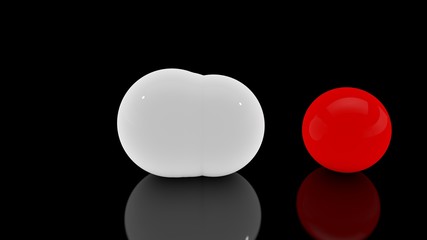 3D rendering of a multitude of scattered white balls on a black reflective surface and one red Veta sphere. Futuristic image of abstract geometric shapes.