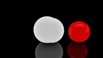 3D rendering of a multitude of scattered white balls on a black reflective surface and one red Veta sphere. Futuristic image of abstract geometric shapes.