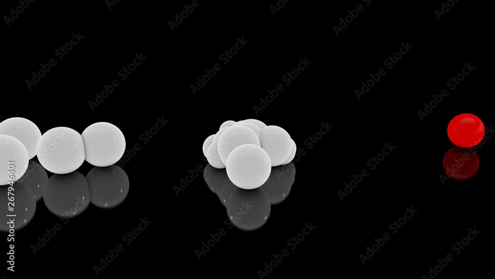 Poster 3d rendering of a multitude of scattered white balls on a black reflective surface and one red veta 