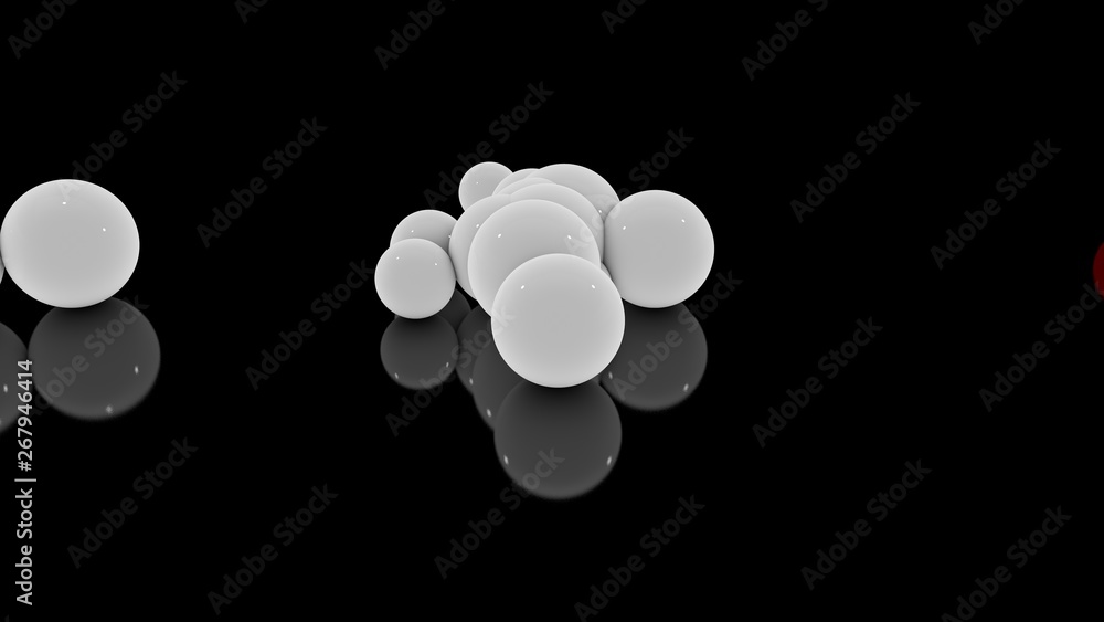 Poster 3d rendering of many scattered white balls on a black reflective surface. futuristic image of abstra