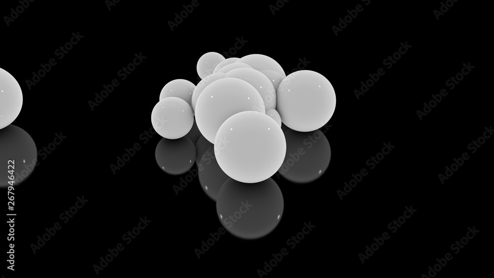 Poster 3d rendering of many scattered white balls on a black reflective surface. futuristic image of abstra