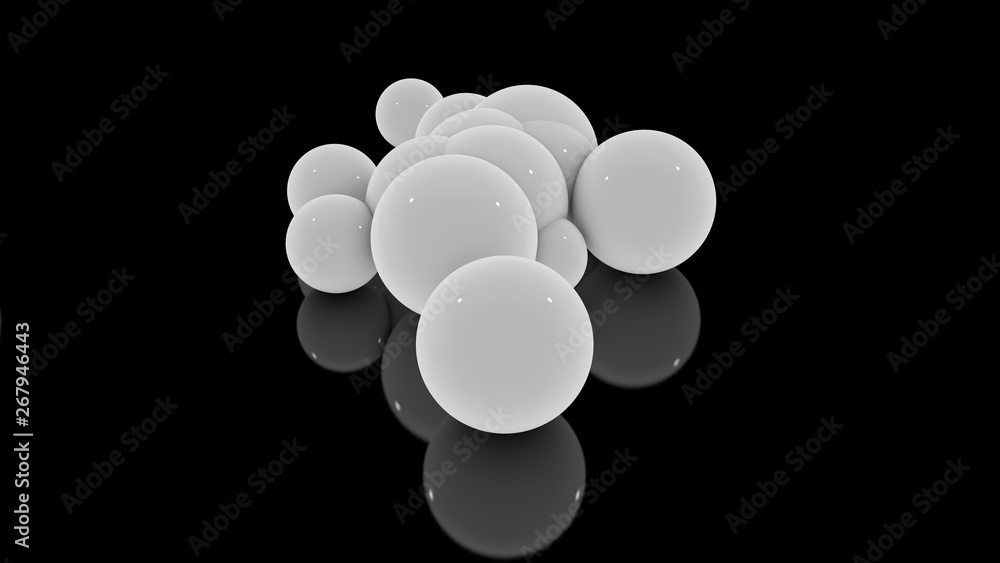 Poster 3d rendering of many scattered white balls on a black reflective surface. futuristic image of abstra