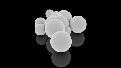 3D rendering of many scattered white balls on a black reflective surface. Futuristic image of abstract geometric shapes.
